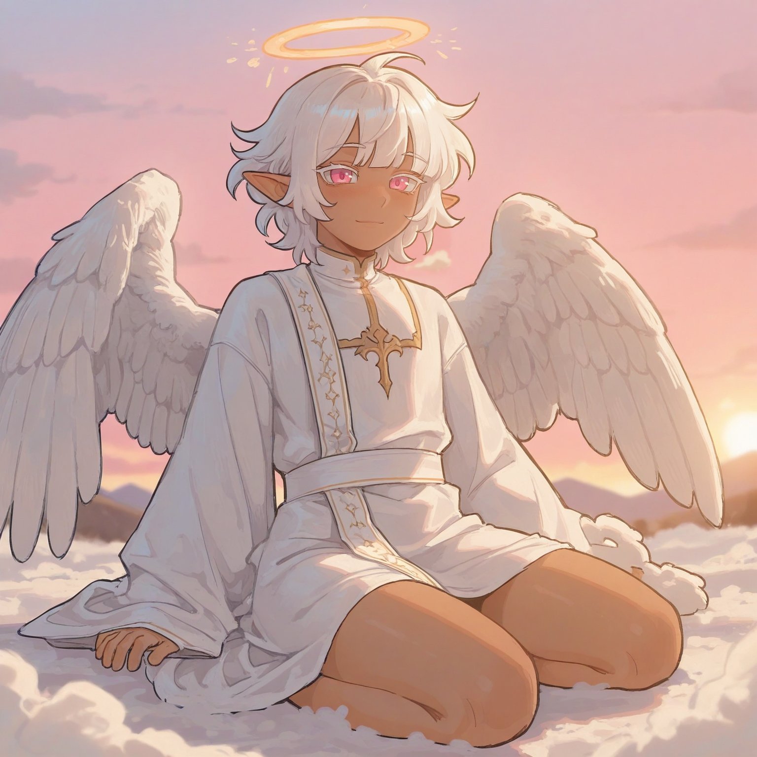 SFW,  solo. pink sky,  white clouds. fluffy clouds. sunset. soft smile by SillyFemboy on Tensor.Art