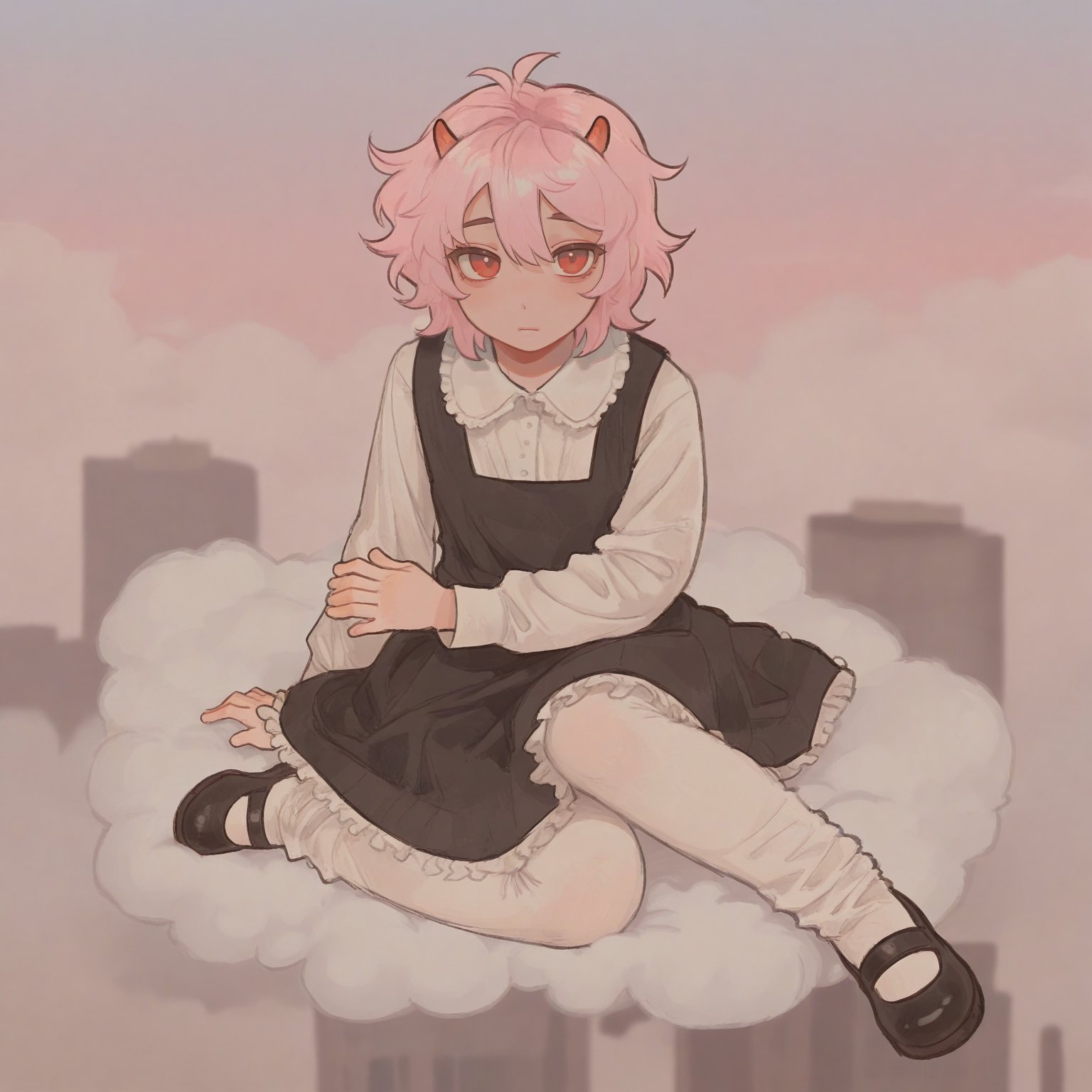 SFW,  solo. pink sky,  white clouds. fluffy clouds. sunset. sitting on cloud by SillyFemboy on Tensor.Art