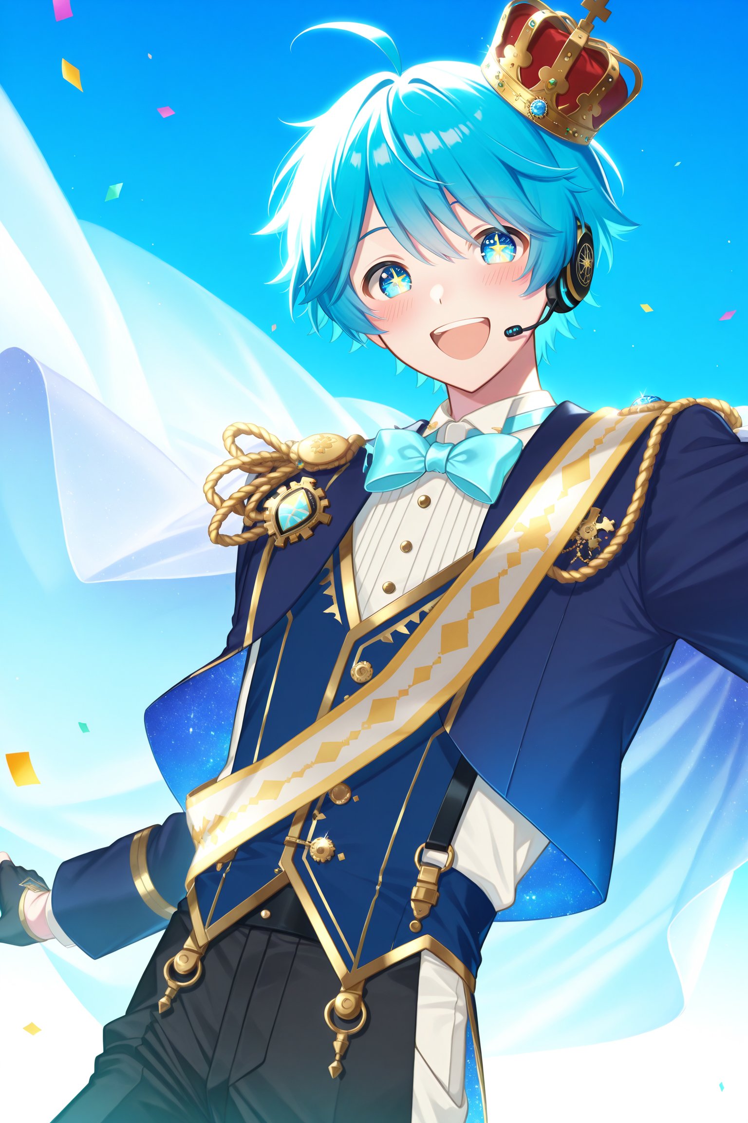 Anime boy with short blue hair and ahoge,  wearing a white shirt with blue suspenders,  black fingerless gloves by AKIRA_1...
