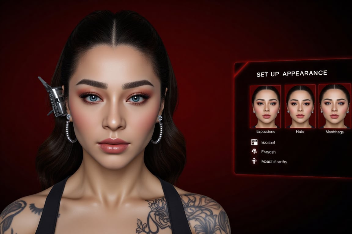 Create a digital 3D CGI image of a black-haired female with a stern expression and piercing. with striking blue glowing ey...