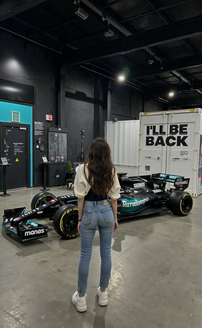 iphone photo,  a photo of ana46_lora,  A woman in denim pants and metal outfit stands observing a Formula 1 race car by TH...