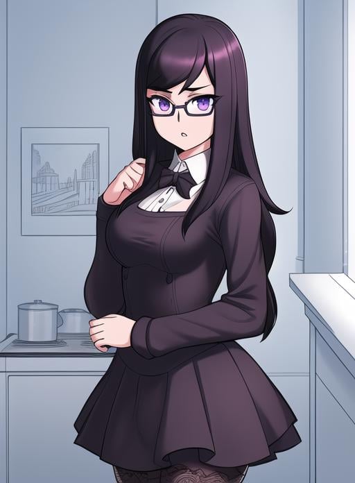girl standing in kitchen,  Wednesday Adams,  the iconic and gothic character from The Addams Family. The costume should be...