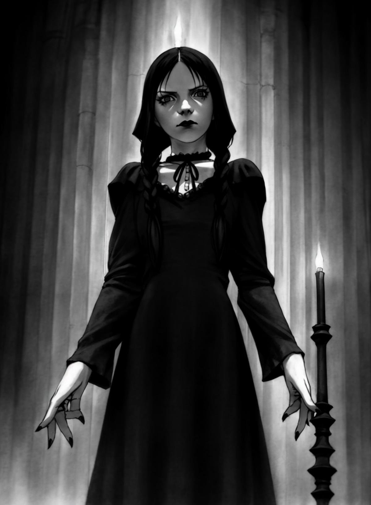 Wednesday Adams,  the iconic and gothic character from The Addams Family. The costume should be highly detailed and accura...