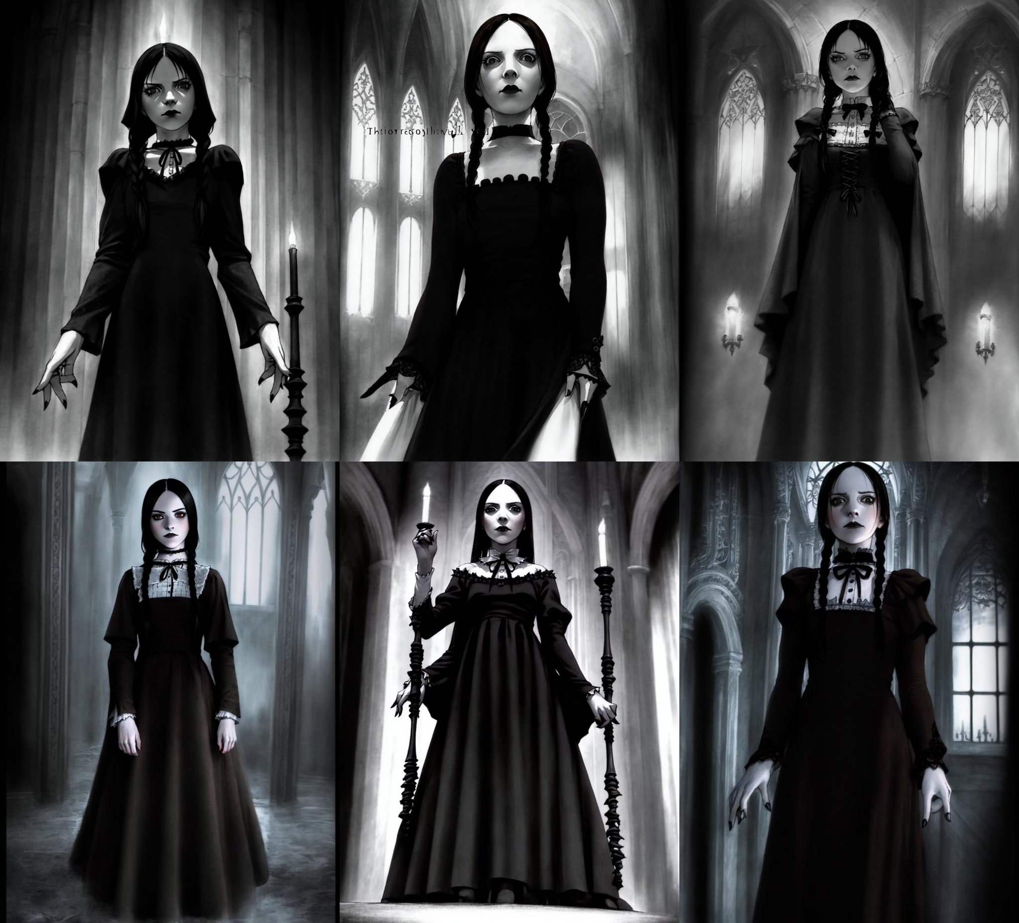 Wednesday Adams,  the iconic and gothic character from The Addams Family. The costume should be highly detailed and accura...