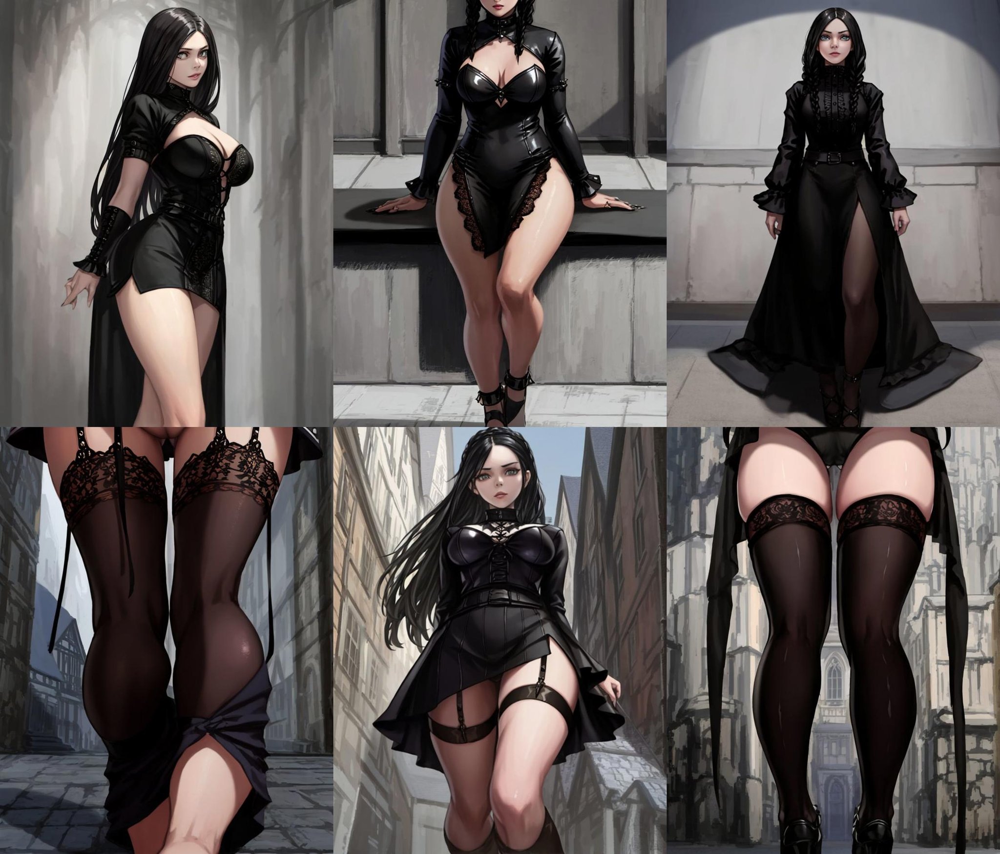 Wednesday Adams,  the iconic and gothic character from The Addams Family. The costume should be highly detailed and accura...