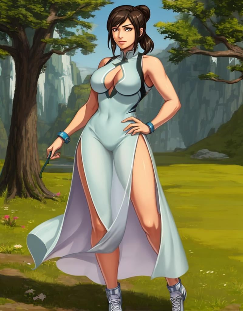 Korra,  the Avatar and master of all four elements,  depicted in a casual and relaxed pose wearing a sundress. The sundres...