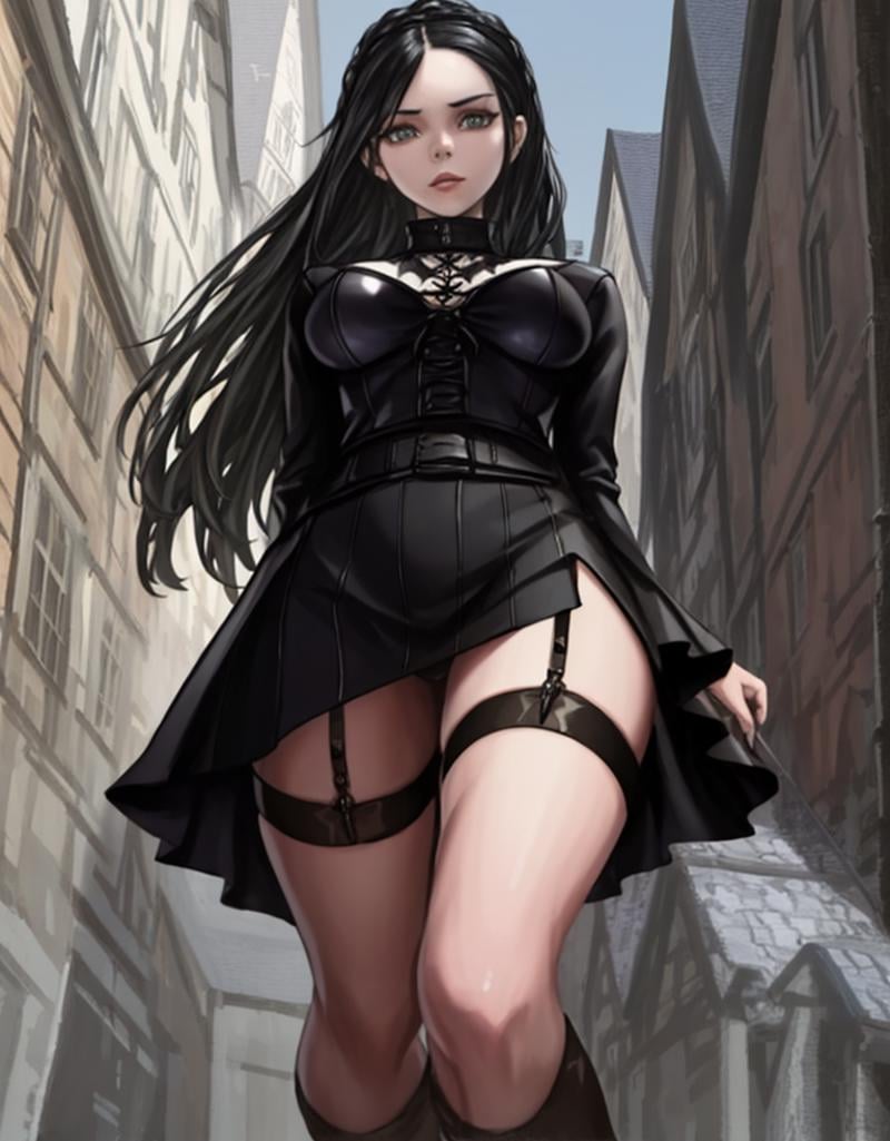 Wednesday Adams,  the iconic and gothic character from The Addams Family. The costume should be highly detailed and accura...
