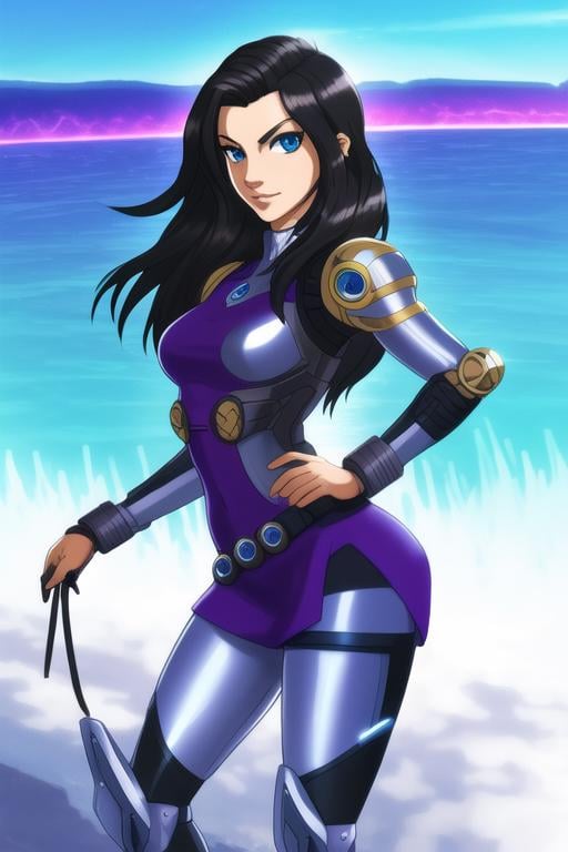 A solo woman depicted wearing a futuristic and technologically advanced costume,  with a large and complex set of mechanic...