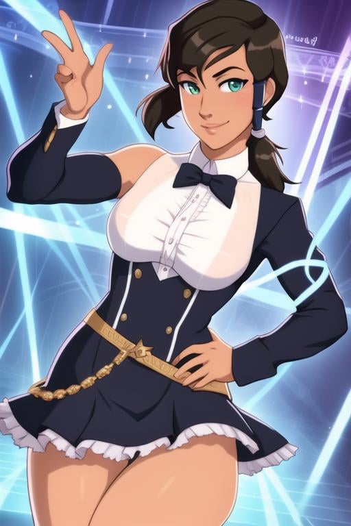 Korra,  the Avatar and master of all four elements,  depicted in a sophisticated and elegant pose wearing formal attire. T...