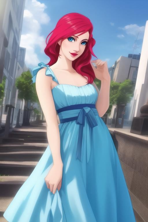 A solo woman depicted wearing a stylish and fashionable sundress. The sundress should be colorful and vibrant,  with a des...