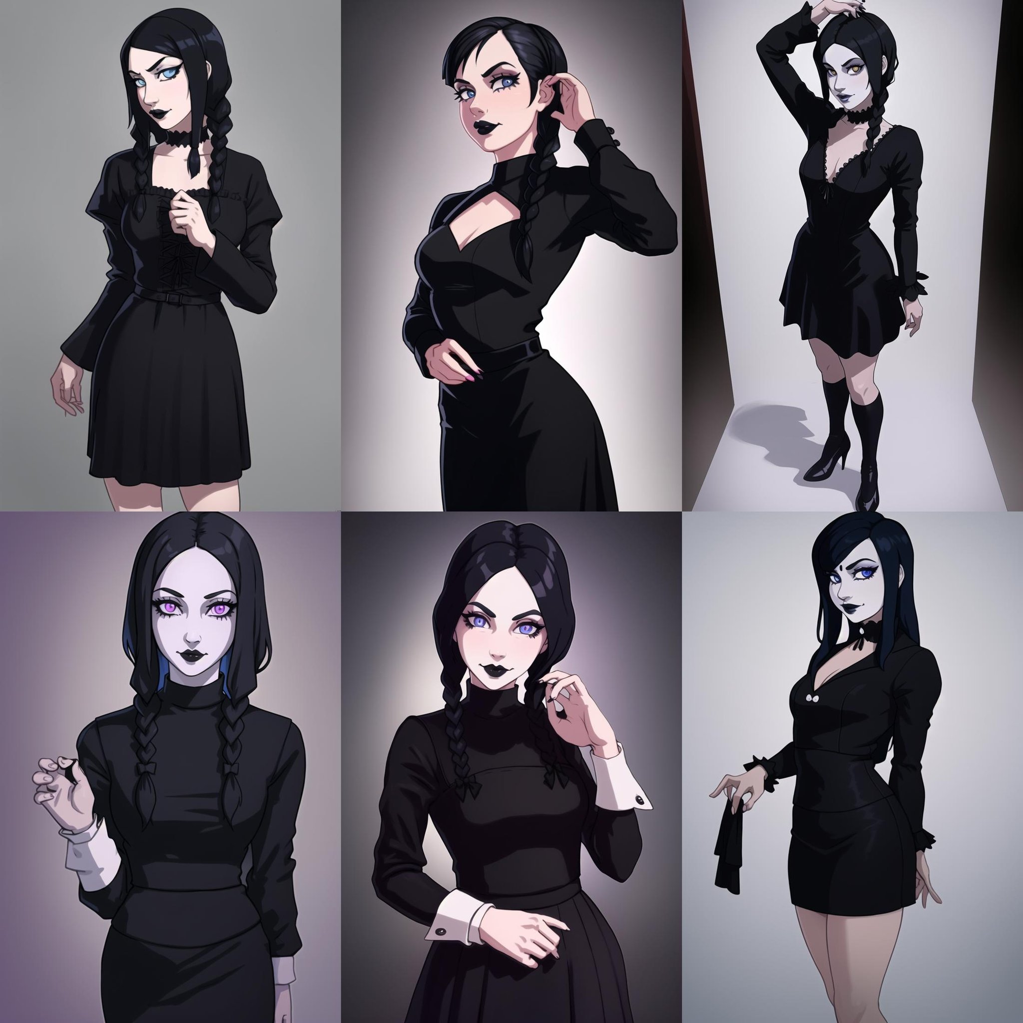 Wednesday Adams,  the iconic and gothic character from The Addams Family. The costume should be highly detailed and accura...