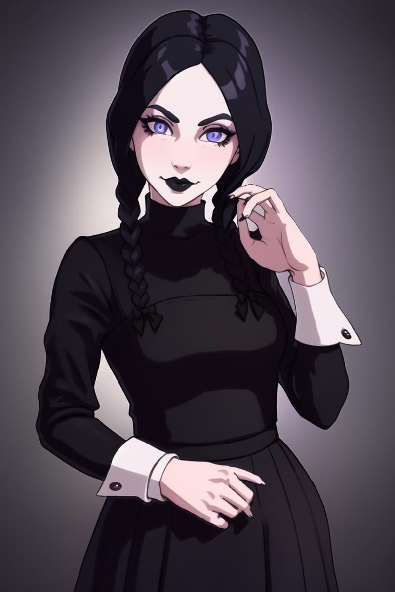 Wednesday Adams,  the iconic and gothic character from The Addams Family. The costume should be highly detailed and accura...