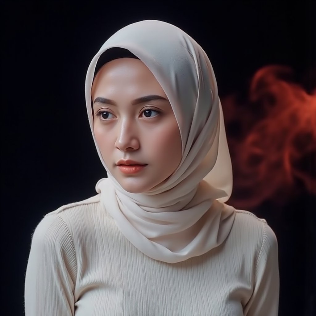 This image is an evocative,  high-definition picture of a breathtakingly gorgeous supermodel wearing hijab that covered he...