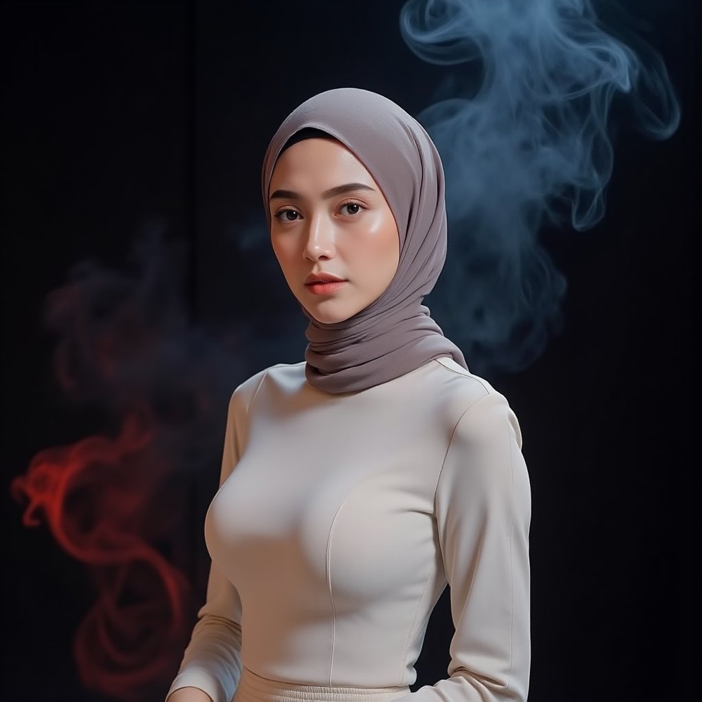 This image is an evocative,  high-definition picture of a breathtakingly gorgeous supermodel wearing hijab that covered he...