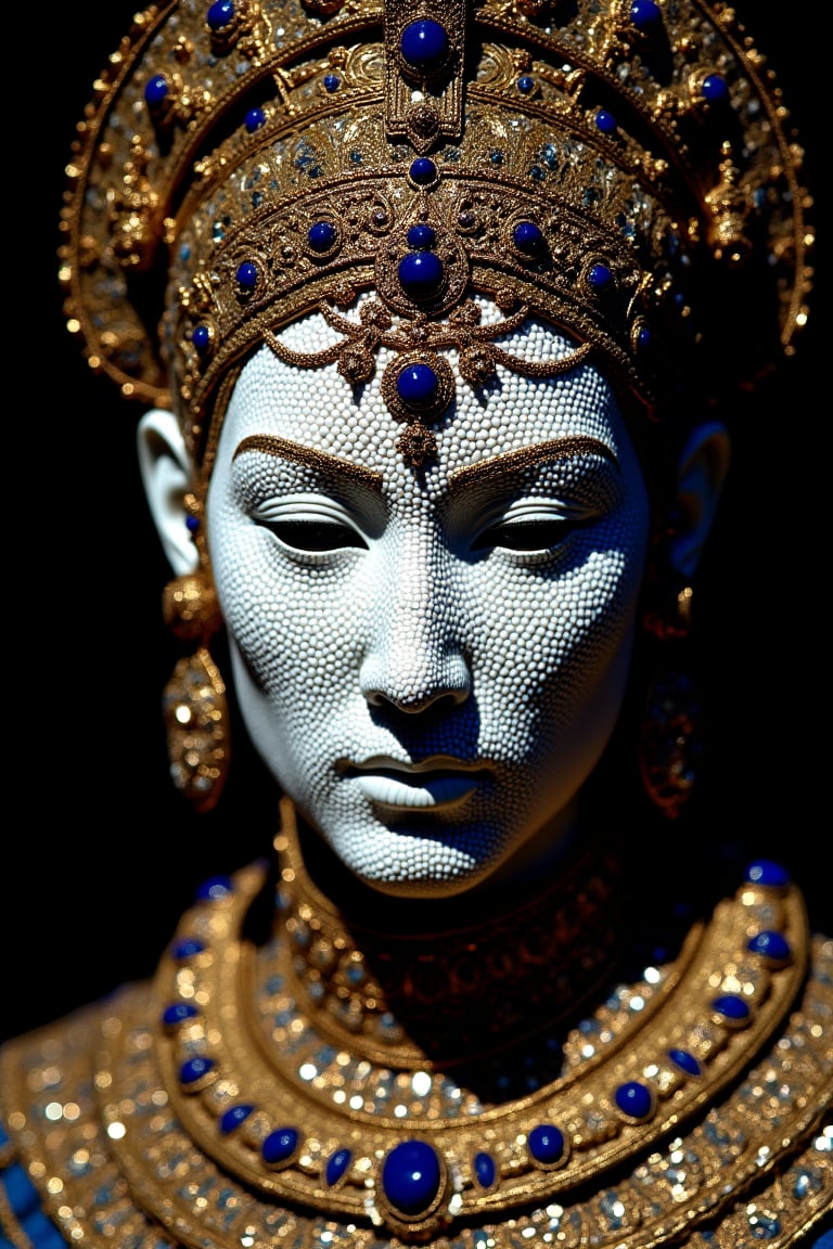 A close-up,  high-contrast portrait of a statue-like being,  its face a serene and flawless mosaic of countless tiny white...