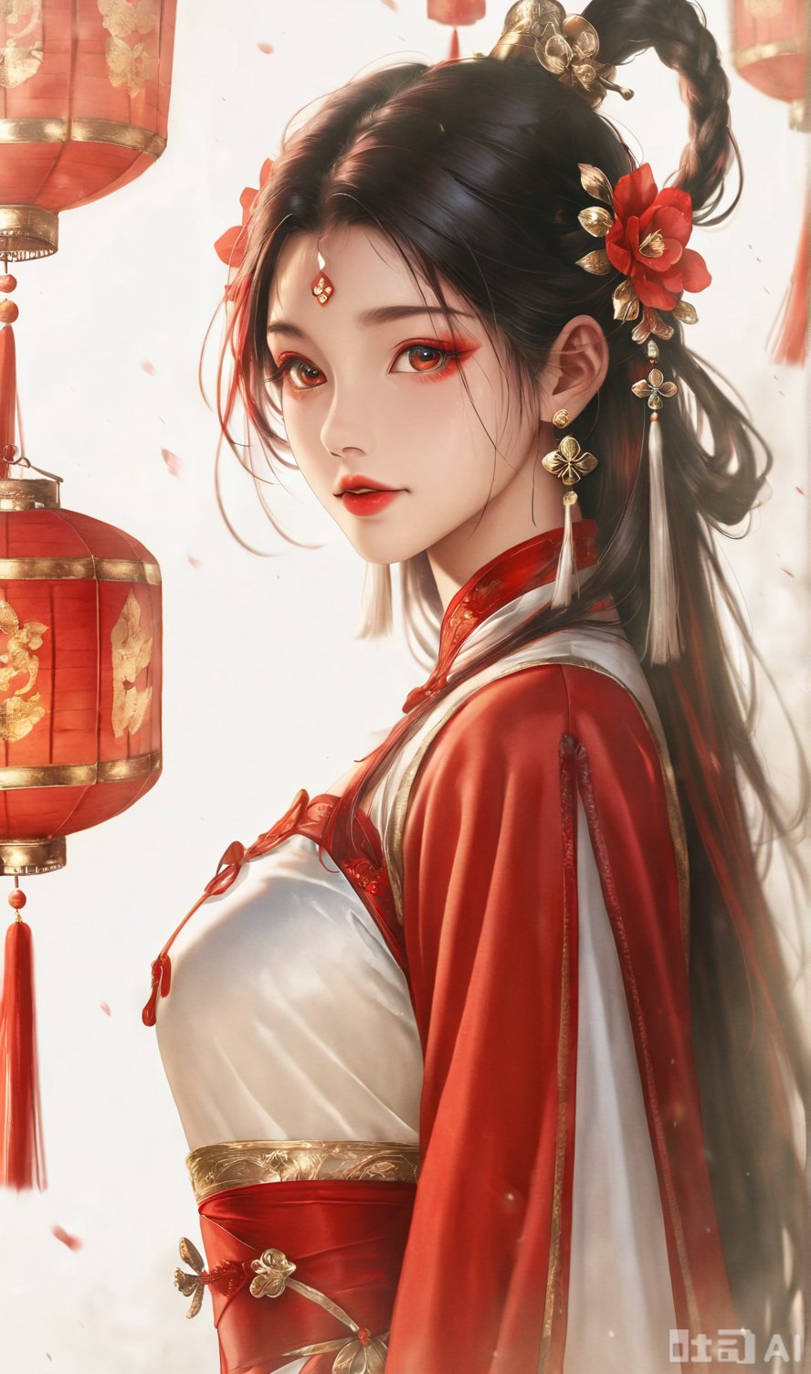 An ancient China girl,  dressed in China ancient Hanfu,  hung with red by 随心随意玄法清宫太乙荡魔万法妙道鉴心天尊 on Tensor.Art