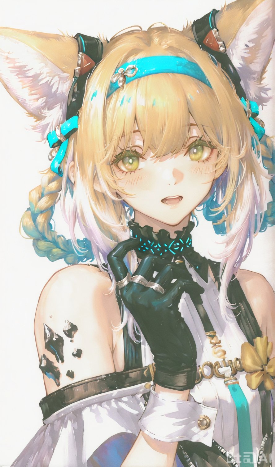 1girl animal_ears arknights art_tools_in_frame black_gloves blue_hairband braid braided_hair_rings character_name fox_ears...
