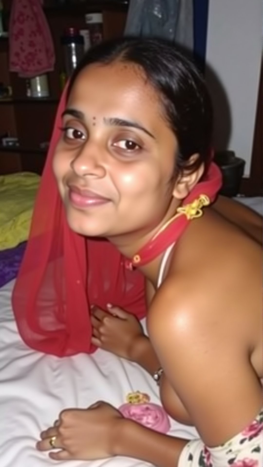 indian muslim girl hajira nude body lying on bed in bedroom,  natural expression. Her skin tone is warm brown,  her face o...