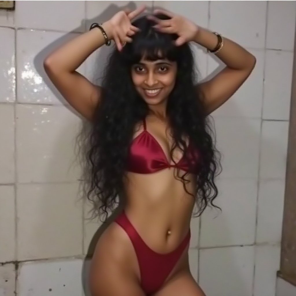 black wavy hair haji,  wearing a tight fitted silky shiny satin bikini,  she is stretching her arms up straight into the a...