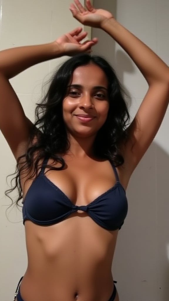 black wavy hair haji,  wearing a tight fitted silky shiny satin bikini,  she is stretching her arms up straight into the a...