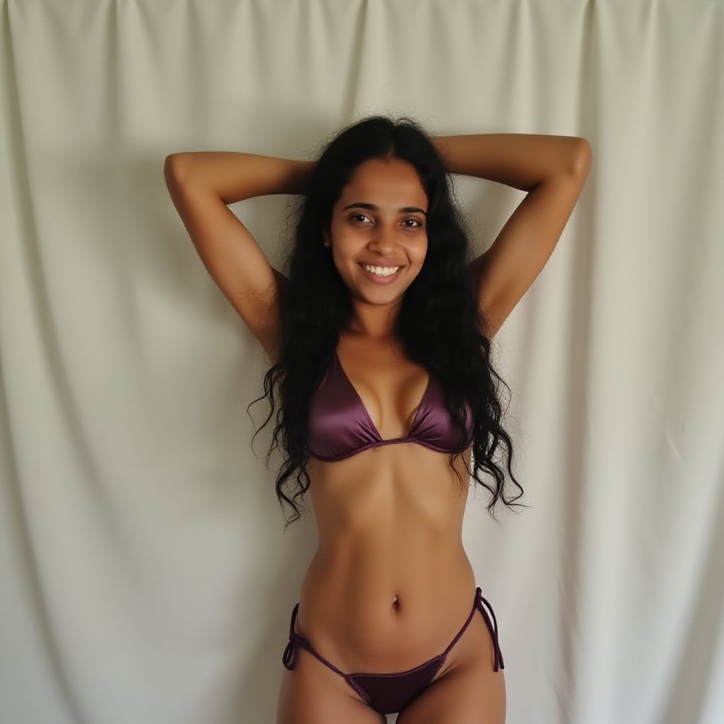 black wavy hair haji,  wearing a tight fitted silky shiny satin bikini,  she is stretching her arms up straight into the a...