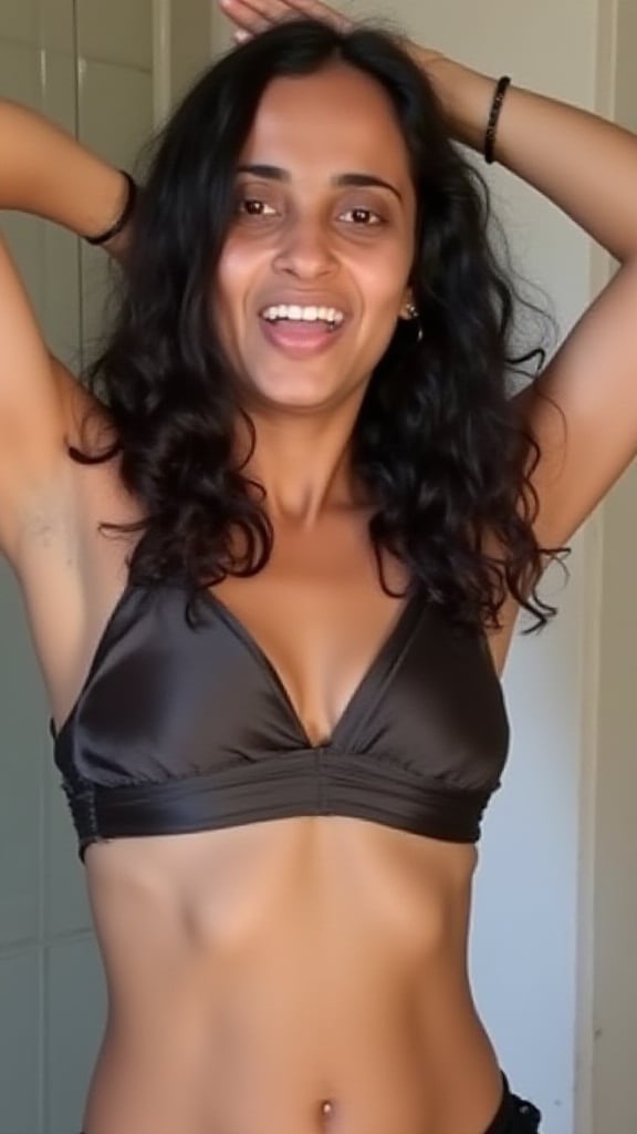 black wavy hair haji,  wearing a tight fitted silky shiny satin bikini,  she is stretching her arms up straight into the a...