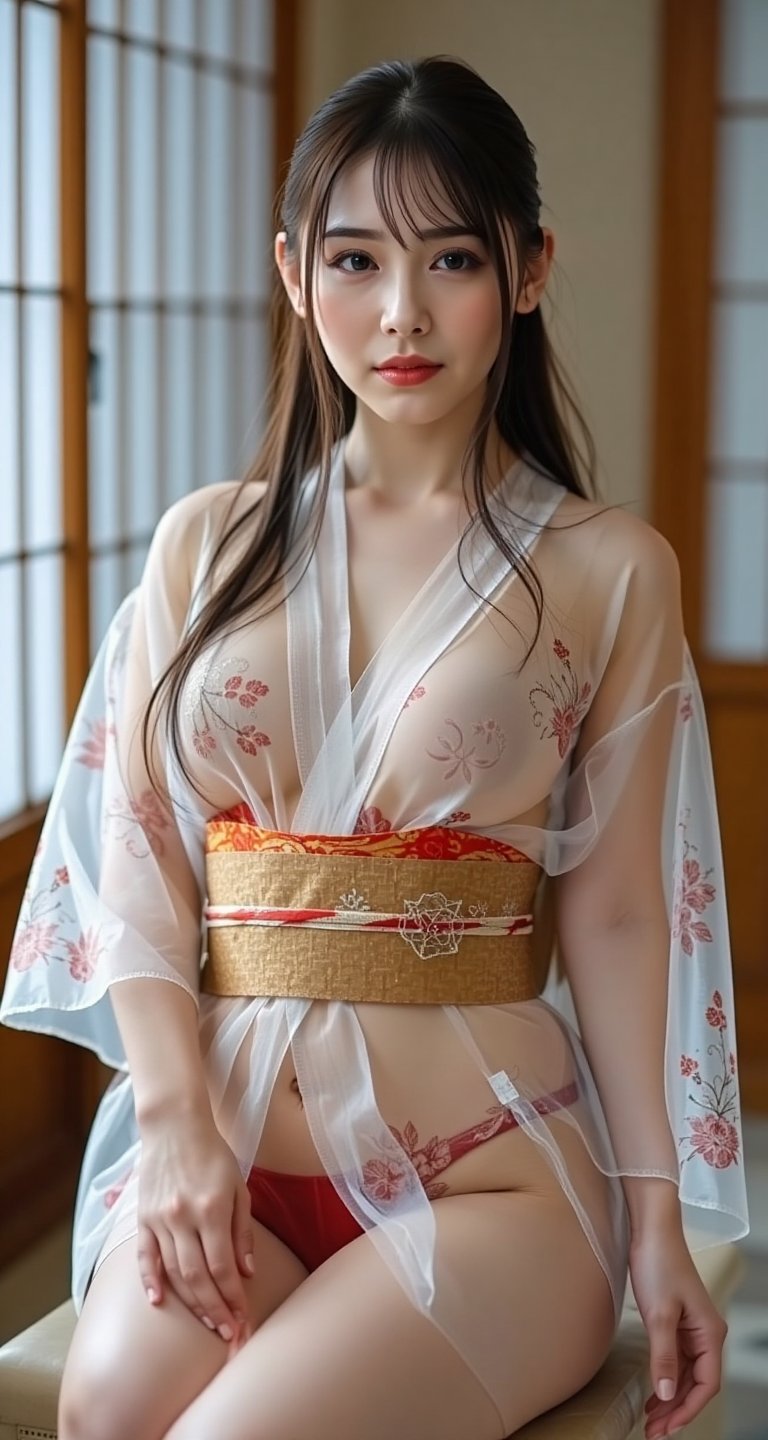A high-resolution,  photorealistic image of a solo Japanese girl in a see-through kimono. She has long black hair and is l...
