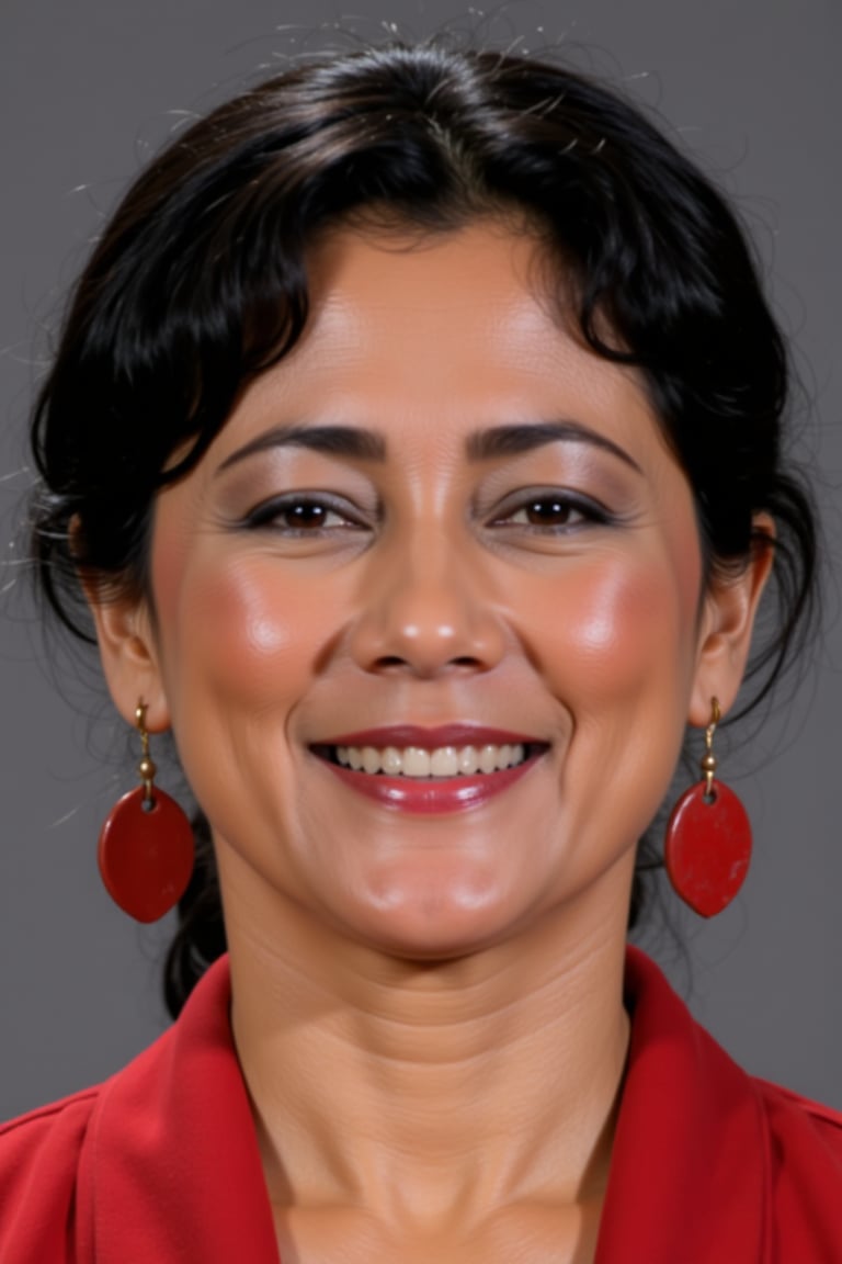 A close-up photograph of a smiling woman with medium skin tone and dark hair wearing red earrings and a red top. by Zero-M...
