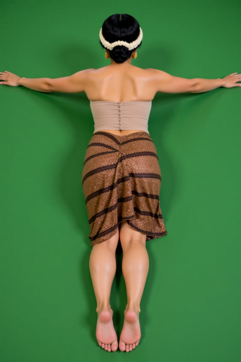 1girl,  Photograph of an Asian woman with a medium build,  lying on her back against a green screen. She has fair skin and...