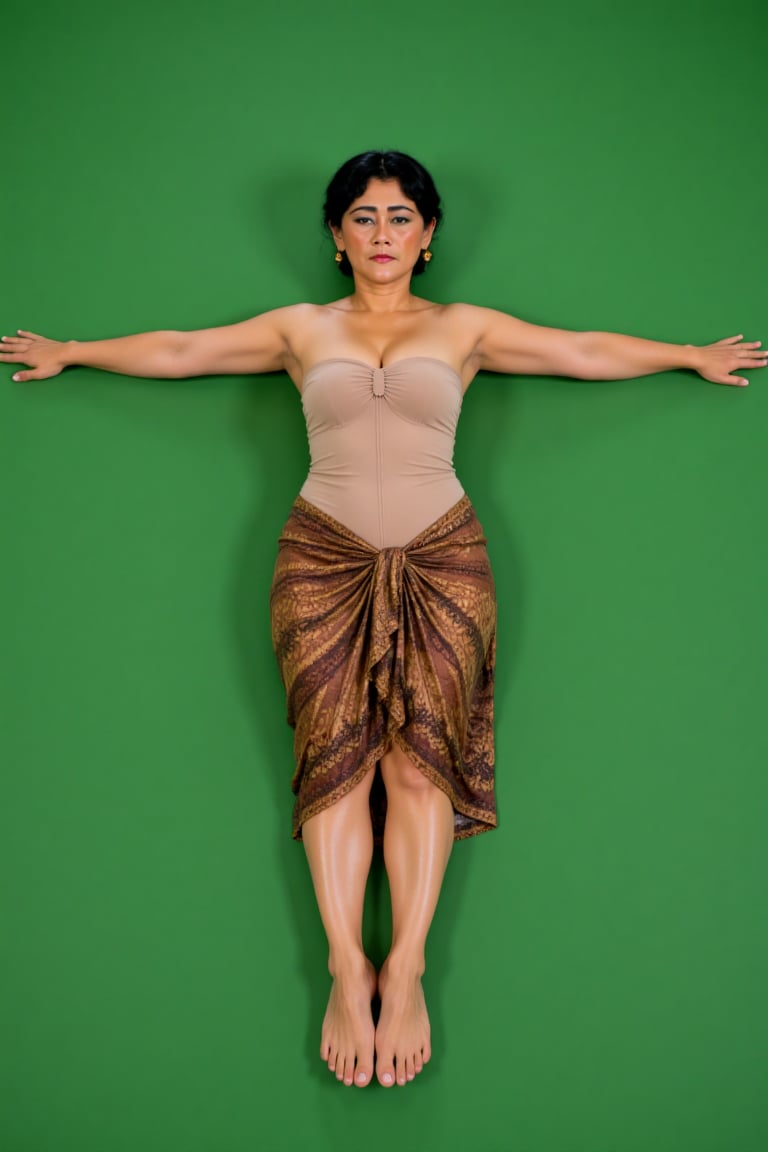 1girl,  Photograph of an Asian woman with a medium build,  lying on her back against a green screen. She has fair skin and...