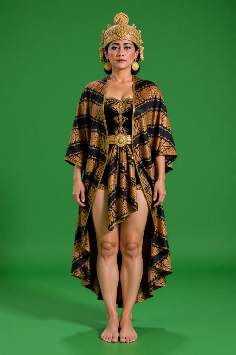 1girl A photograph of an Asian woman with medium skin tone standing against a solid green background. She is dressed in an...