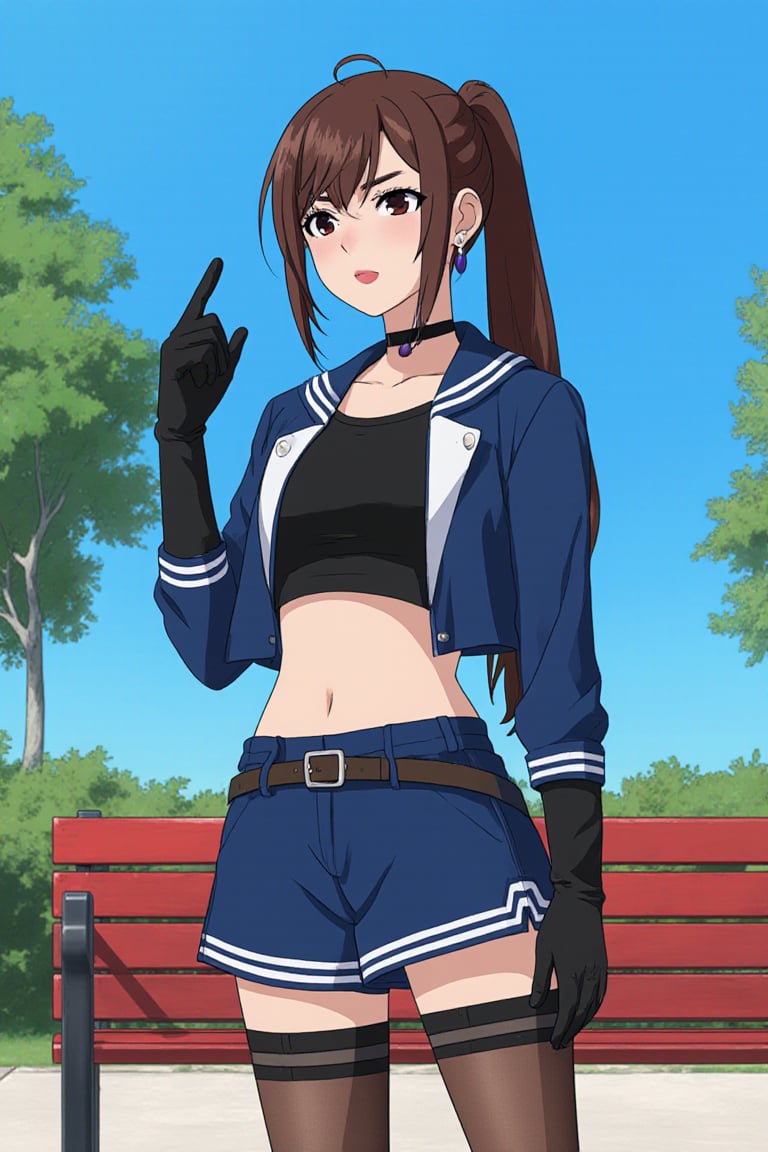 Close up of ayase momo standing in a park,  fingerless gloves,  cleavage by EclipseKww on Tensor.Art
