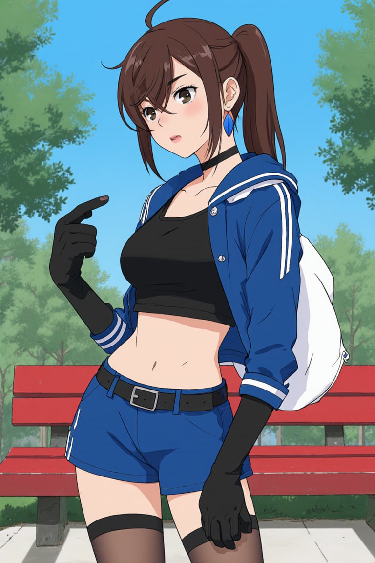 Close up of ayase momo standing in a park,  fingerless gloves,  cleavage by EclipseKww on Tensor.Art