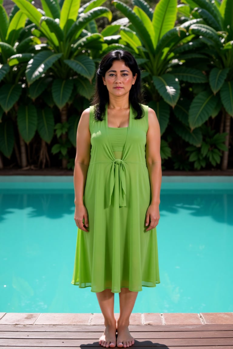 A woman stands barefoot on a wooden deck by a serene,  turquoise pool. She has medium-length dark hair,  a slender build b...