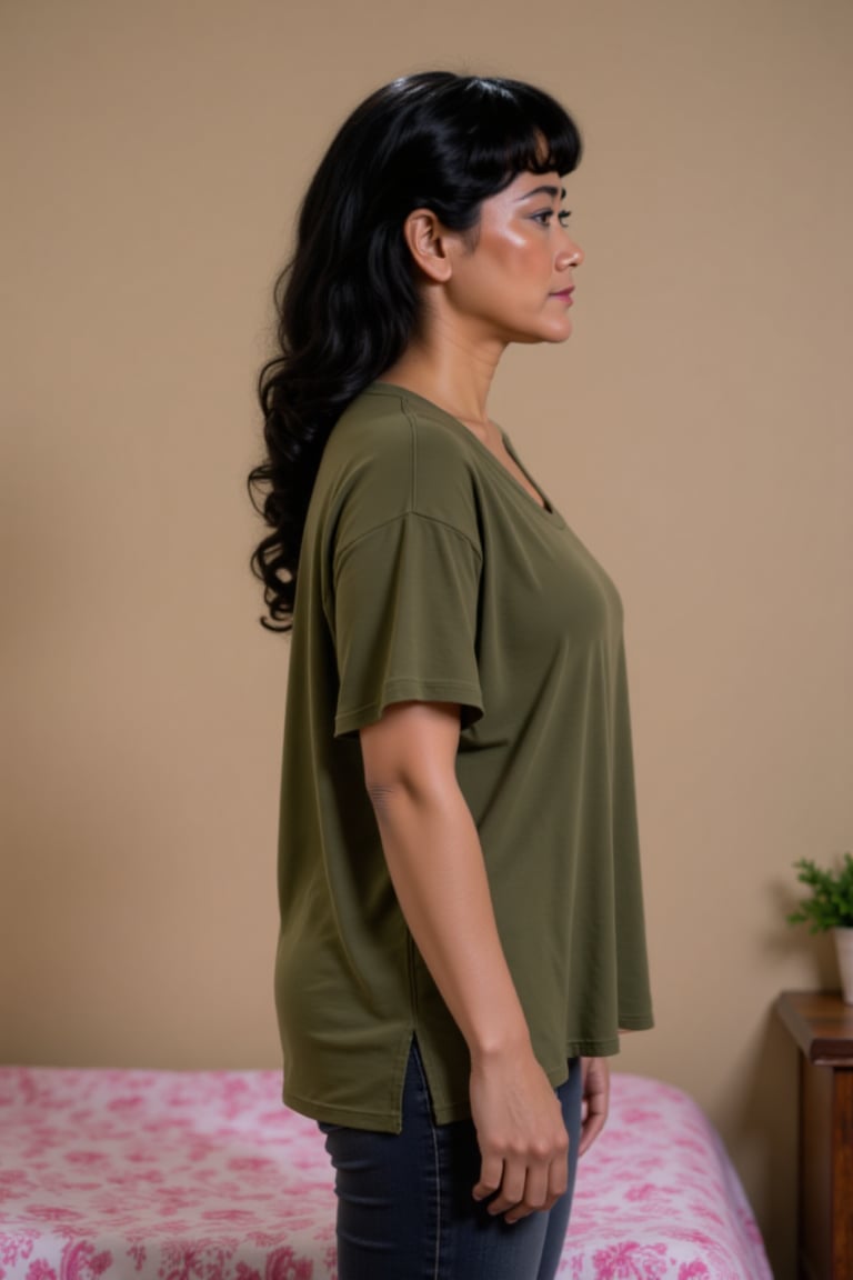 Photograph of a young woman with long,  wavy brown hair,  standing in profile. She has a light olive skin tone by Zero-Mor...