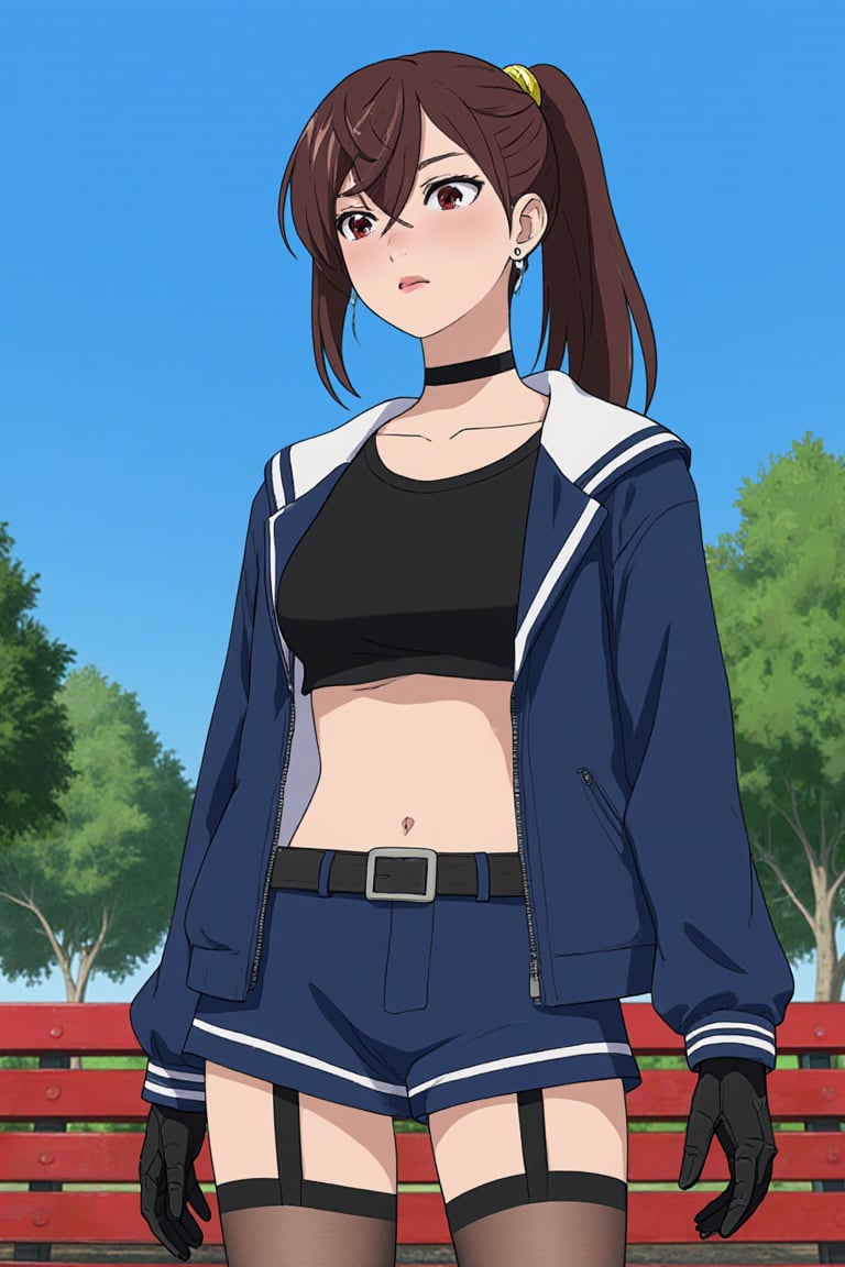 Close up of ayase momo standing in a park,  fingerless gloves,  cleavage by EclipseKww on Tensor.Art