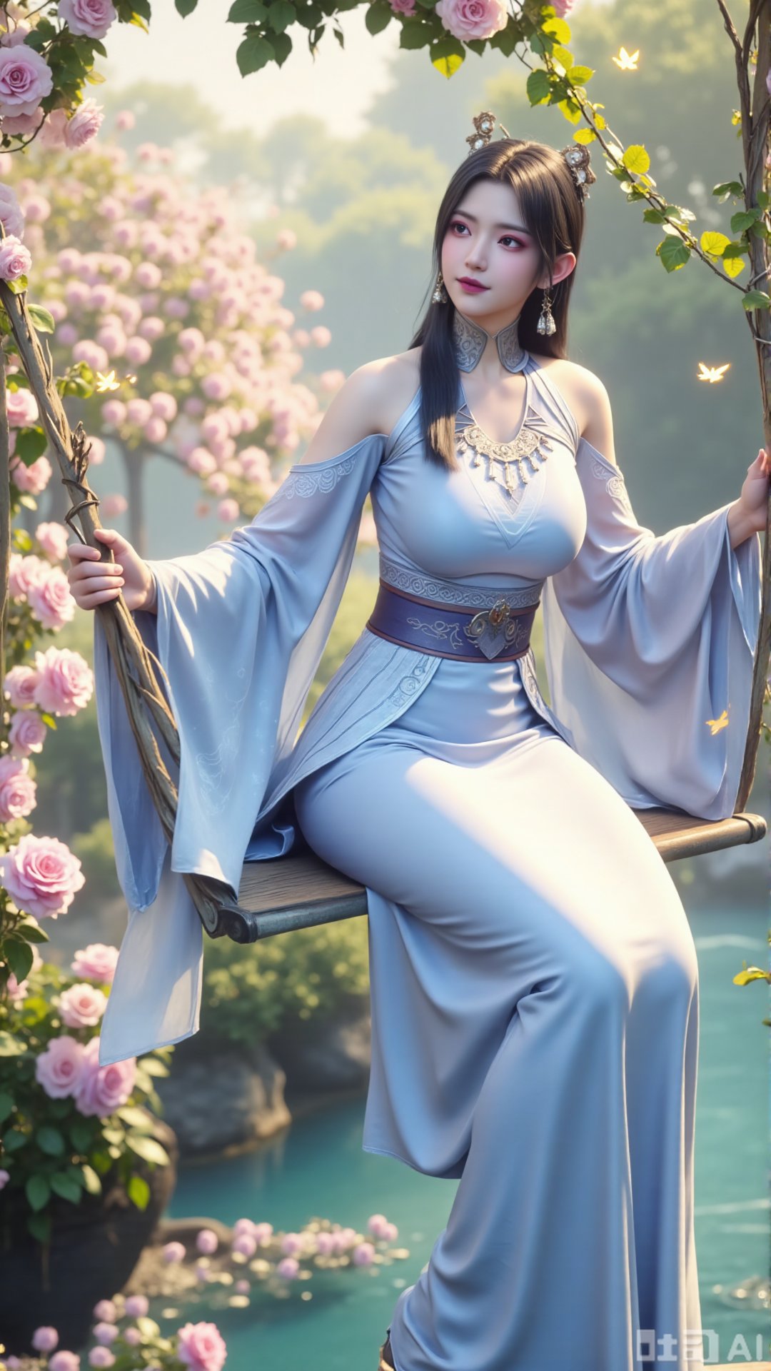 In a cinematic shot with soft sunlight filtering through petals,  a delicate fairy-like beauty swings gently on a flower s...