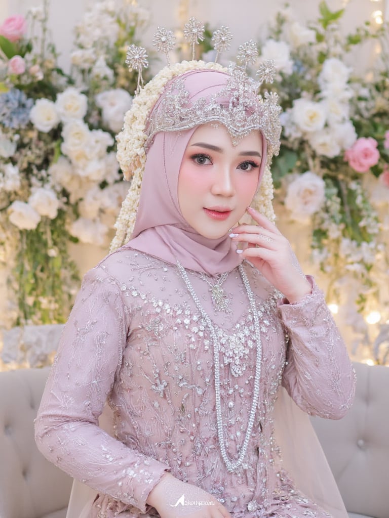 A stunning Indonesian bride in traditional Sundanese attire,  wearing a pink tradisional kebaya dress adorned with sparkli...
