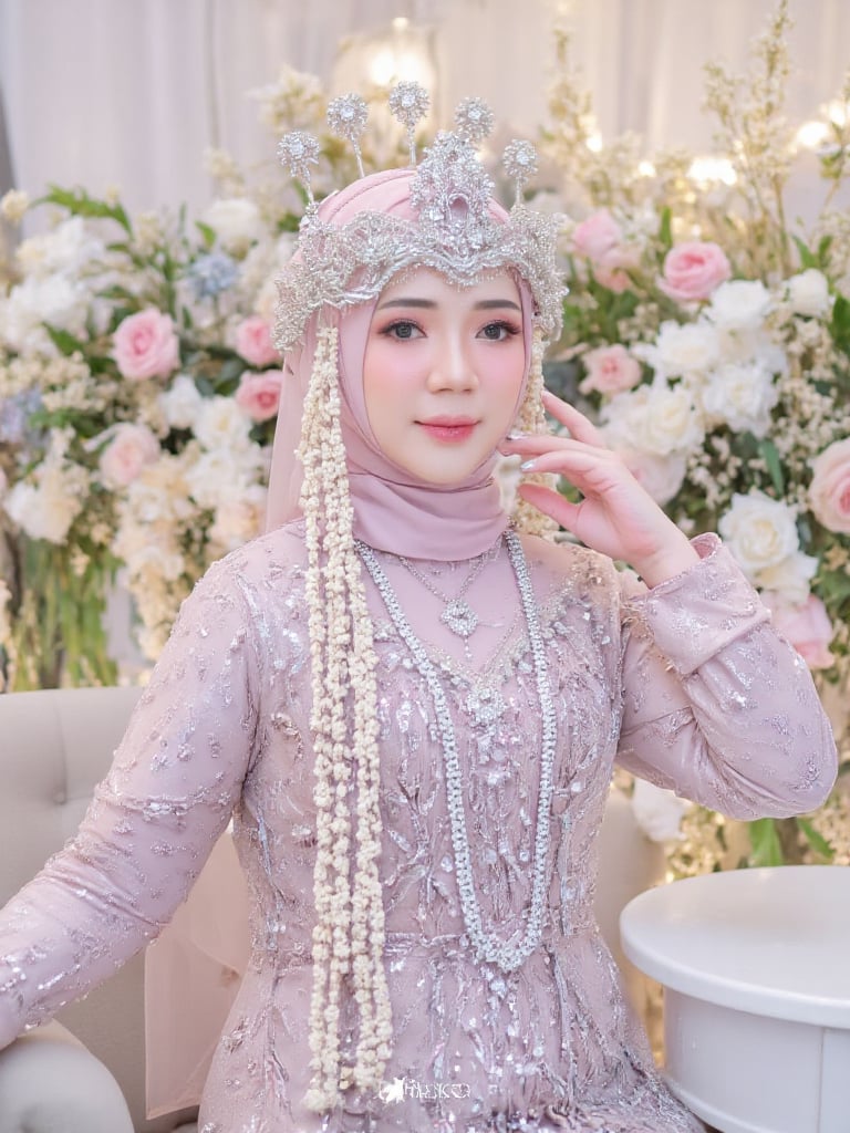 A stunning Indonesian bride in traditional Sundanese attire,  wearing a pink tradisional kebaya dress adorned with sparkli...
