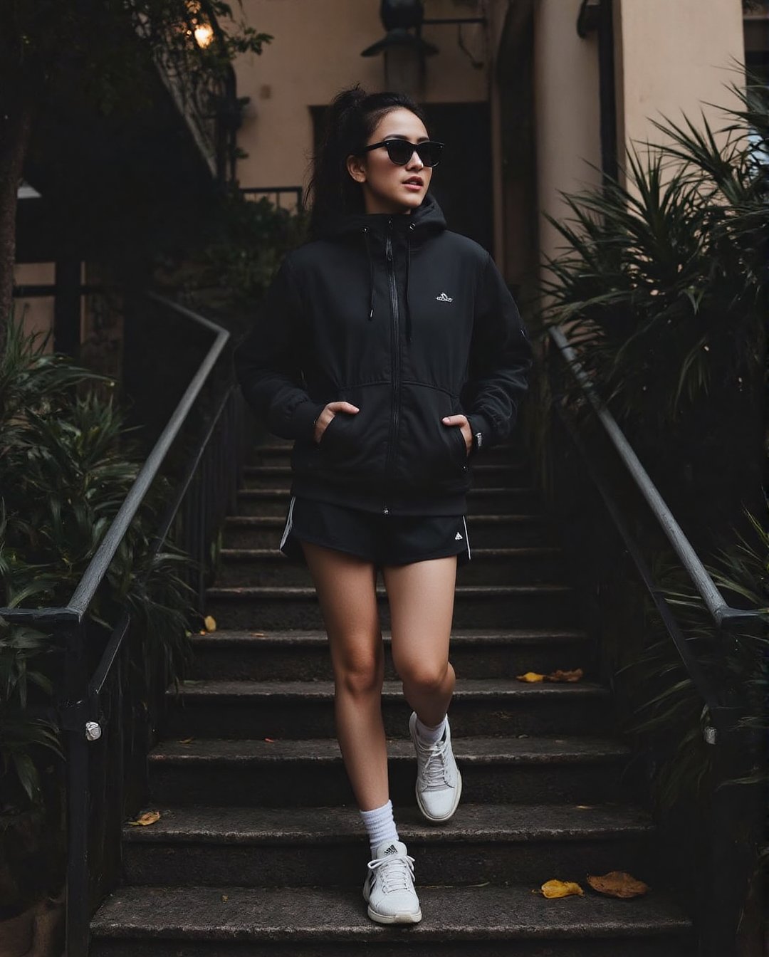 Create a realistic photoshoot for a woman in a black running jacket and black running shorts,  paired with white socks and...