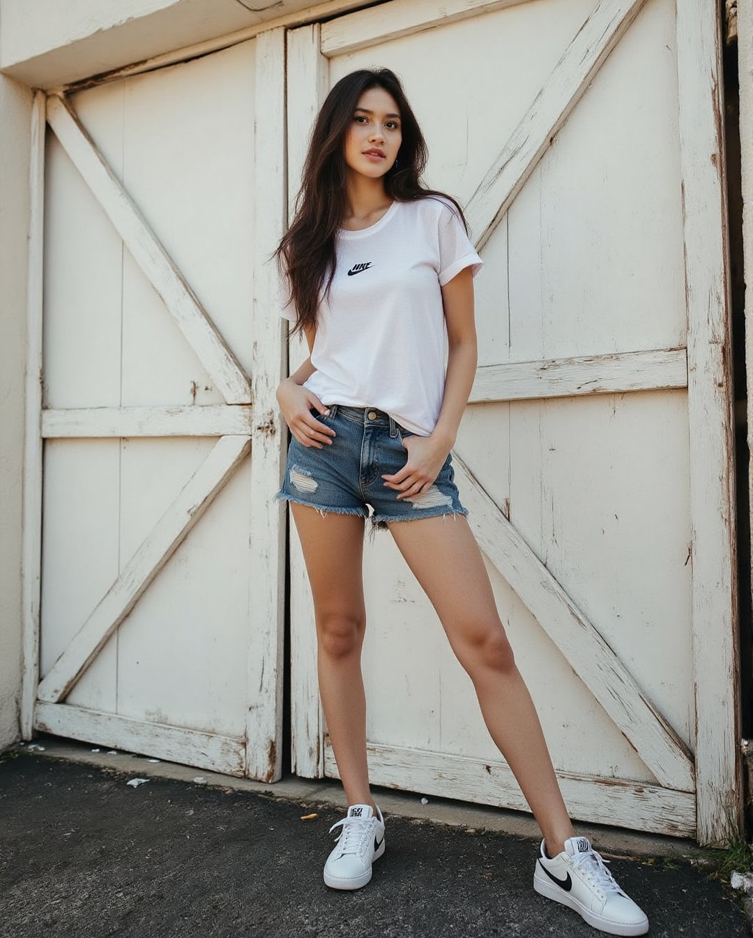 Create a realistic photoshoot using a Canon EOS 1D camera and a 50mm Canon RF lens at f/1.4 aperture. Capture a woman in a...