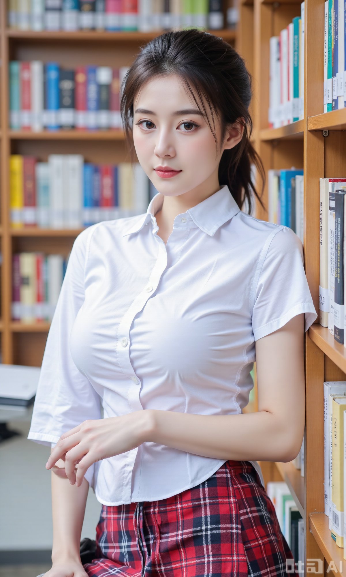 A girl in campus - style JK uniform,  white shirt and British - style plaid skirt,  standing in front of the university li...