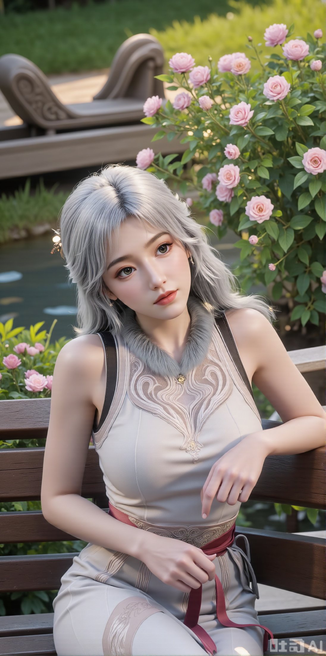 A beauty ,  (dress). Leaning on a garden bench filled with macaron - colored flowers,  .Sunlight filters through the leave...