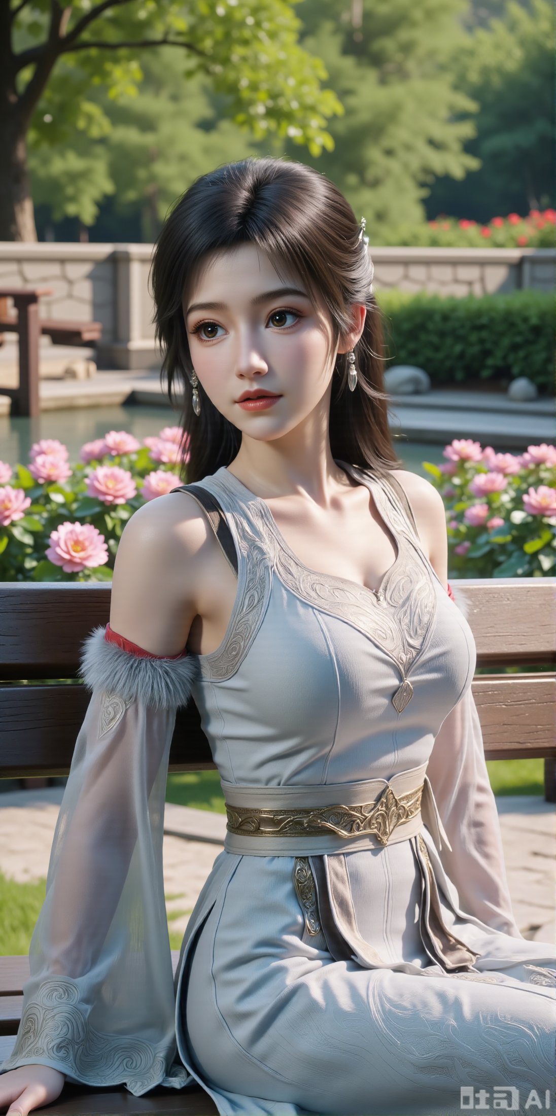 A beauty ,  (dress). Leaning on a garden bench filled with macaron - colored flowers,  .Sunlight filters through the leave...