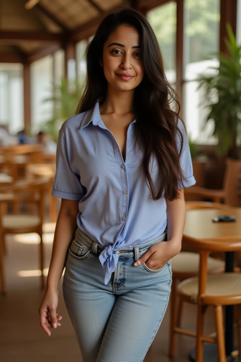 The maharashtra indian woman stands in a bright,  airy café filled with rustic charm,  where woven rattan chairs and polis...