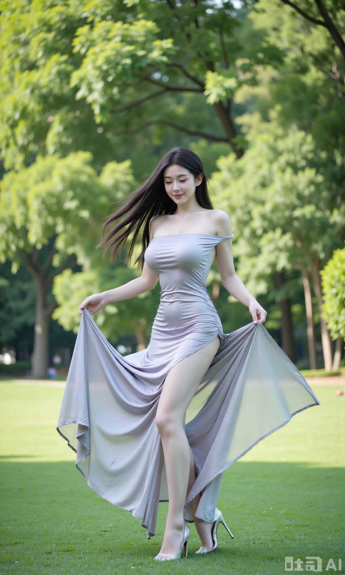a dynamic shot of a woman,  twirling in an off-shoulder dress,  motion blur on the dress by DeepBlue藍心 on Tensor.Art