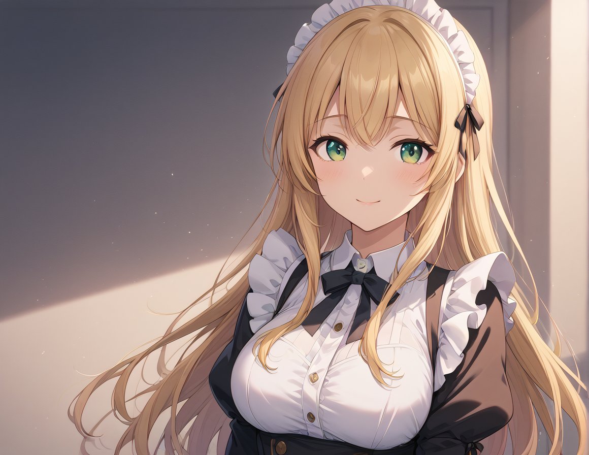A digital illustration of an anime 1girl with medium-long blonde hair,  green eyes,  large bust by user_858742504529350538...