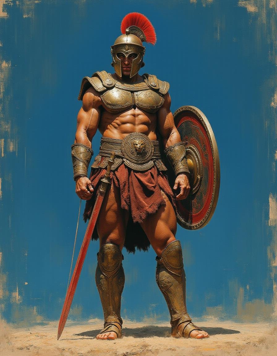 This image is a photograph of a highly detailed,  realistic drawing of a gladiator,  a warrior from ancient Rome. The glad...