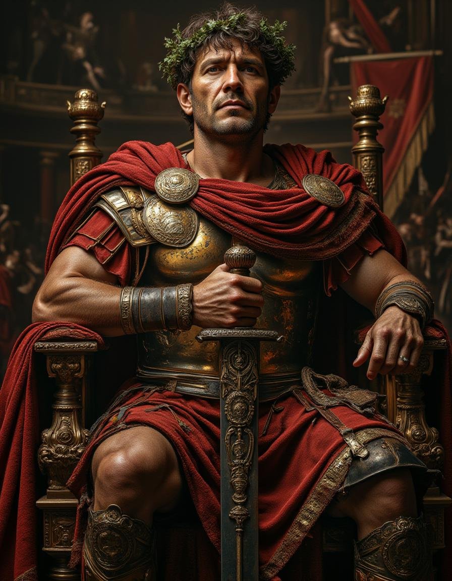 A regal depiction of Julius Caesar seated on a grand throne,  exuding authority and power. Caesar wears a richly decorated...