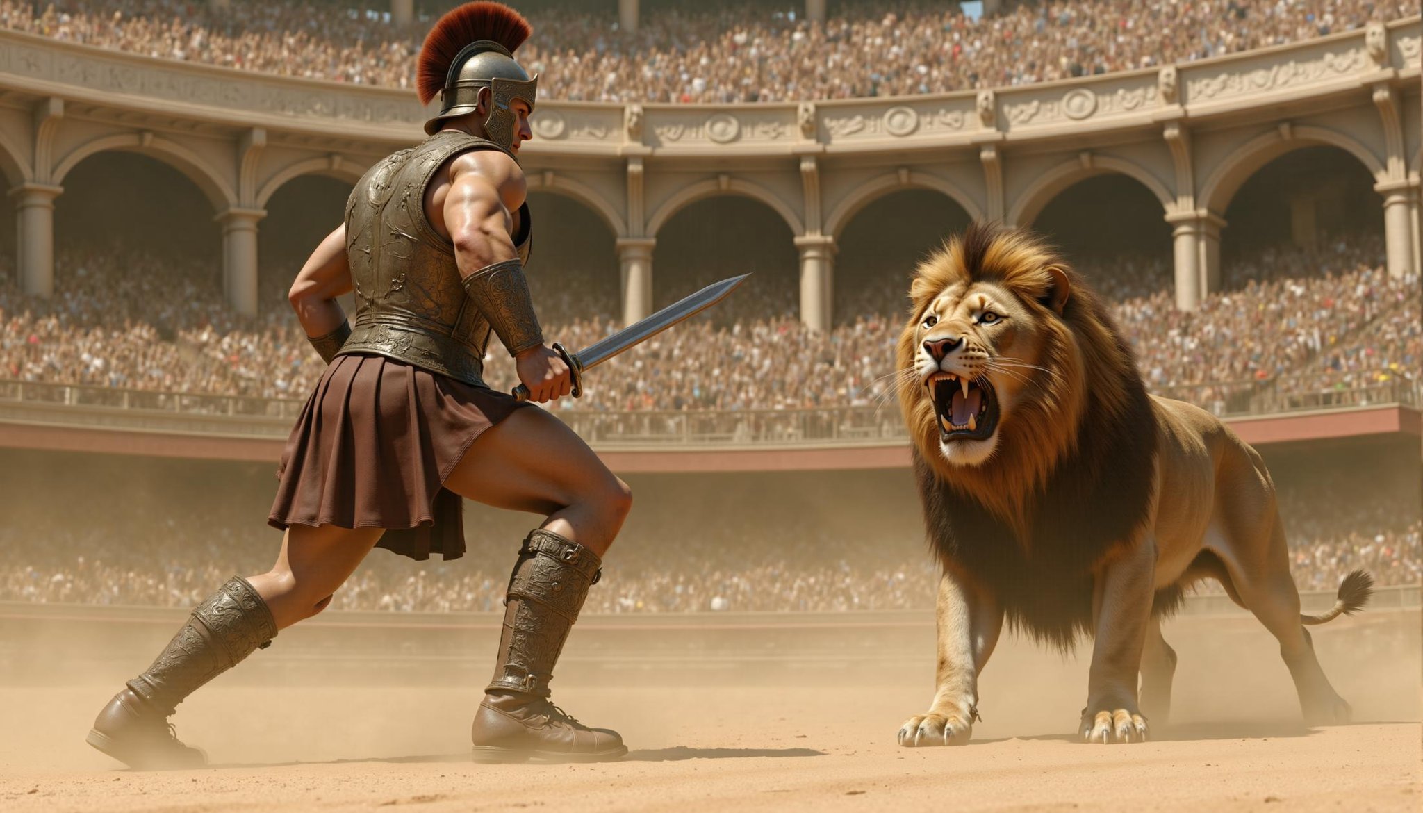 cinematic film still professional 3d model f0ntatr3 A muscular gladiator,  clad in detailed bronze armor,  leather sandals...